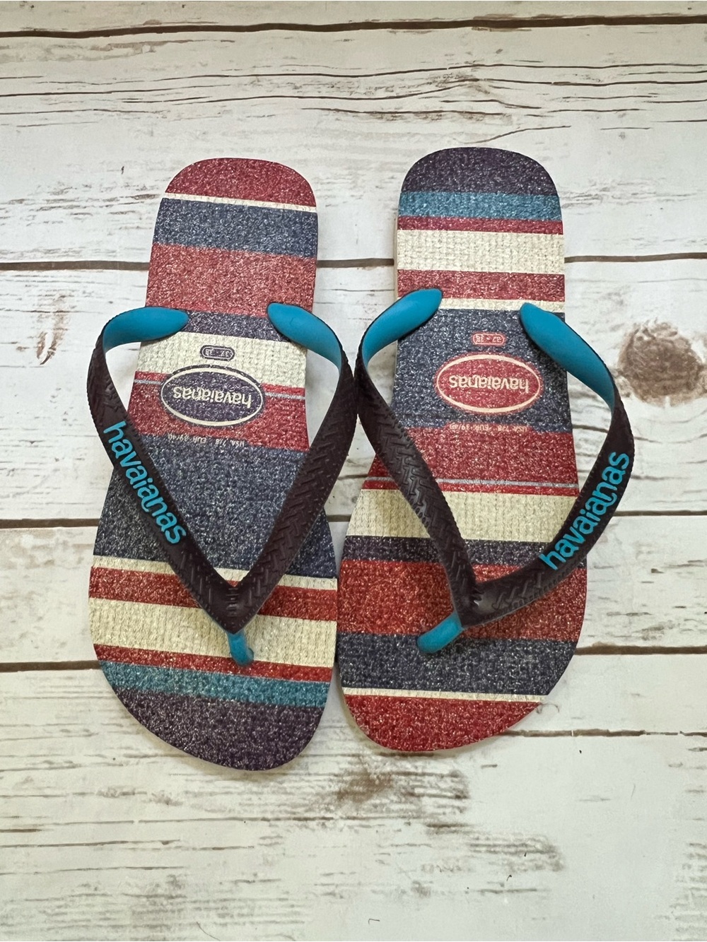 Havaianas Women’s Striped Flip Flops in Red, Blue, Cream - 7/8